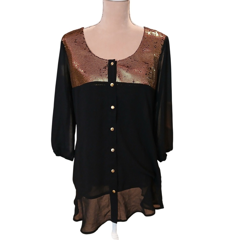 Venus Black Sheer Button Front Top Gold Sequins Scoop Neck 3/4 Sleeve Glam